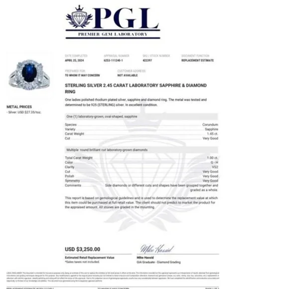 2.45 ct Sapphire & Diamond Sterling Size 7 Princess Diana Cocktail Ring - Picture 11 of 11